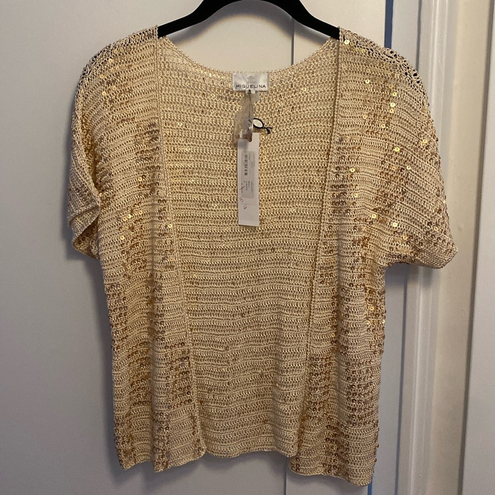 Crochet with gold sequins open cardigan size small brand Miguelina